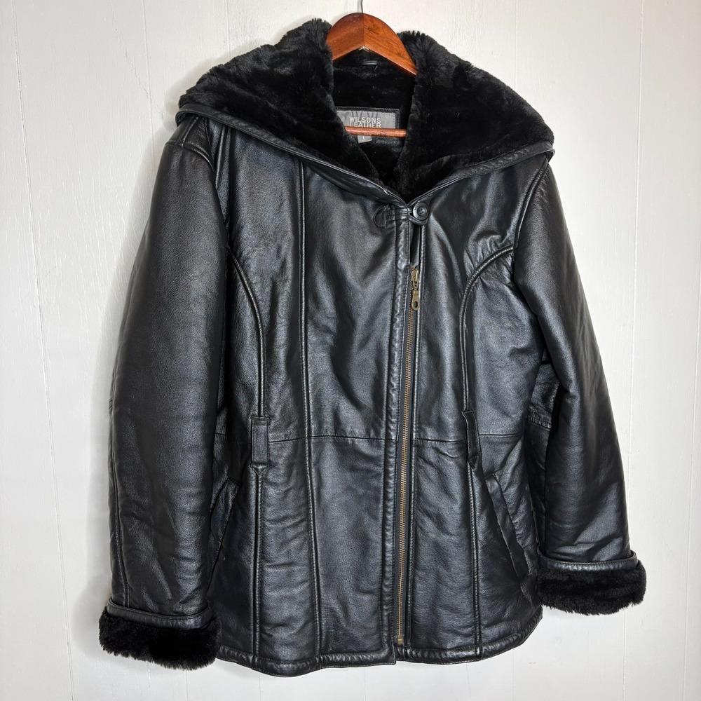 Y2K Wilsons Leather Jacket L Black Hooded Faux Fur Lining Urban Gothic Mob Wife
